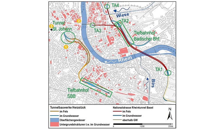 Fig. 2 Die geplanten Tunnelbauwerke in Basel: «Rheintunnel» und der S-Bahntunnel «Herzstück». Hervorgehoben sind Standorte mit potenzieller Beeinflussung des Grundwasserfliess-regimes, einschliesslich Tunnelabschnitte (TA1-4) des Rheintunnels sowie die beiden Tiefbahnhöfe «SBB» und «Basel Badischer Bhf.» sowie der Tunnelabschnitt «St. Johann» desS-Bahntunnels (grün) und Standorte Grundwassermessstellen (GWM) 1-3 (orangefarbene Punkte; vgl. Fig. 3).