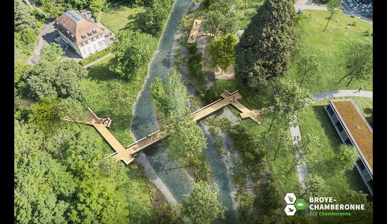 Photo-montage de la renaturation de la Chamberonne à son embouchure dans le lac