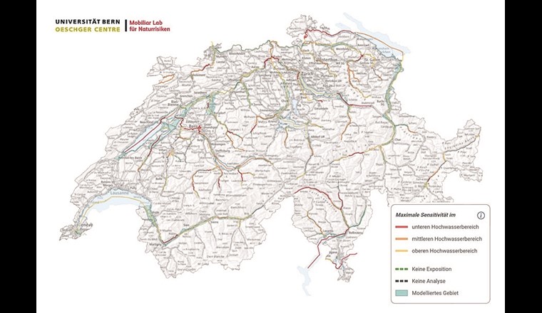 Die Übersicht im Tool «Risikosensitivität – Schadenbringende Hochwasser im Klimawandel» zeigt die erwarteten Auswirkungen für alle grossen Schweizer Flüsse und Seen infolge von Mehrabflüssen, wie sie mit der Klimaveränderung zu erwarten sind. (Bild: Screenshot: Mobiliar Lab für Naturrisiken)