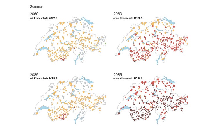 Fig. 2 Prozentuale Veränderungen der saisonalen Abflüsse im Vergleich zur Referenzperiode (1981–2010) für Szenarien mit Klimaschutz (RCP2.6) und ohne Klimaschutz (RCP8.5) für die nahe und die ferne Zukunft [1]