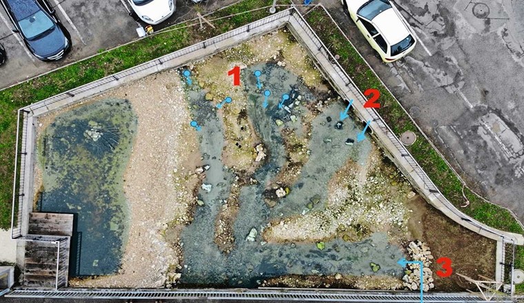 Fig. 3 Après travaux, mars 2024. (1): Par temps sec, toute l’eau arrive depuis les résurgences. (2): Par temps de pluie, la nappe phréatique remonte et l’eau arrive principalement par les tuyaux de trop-plein d’une source voisine. (3): Afin d’avoir plus d’eau fraîche, l’ancien captage du village a été connecté à la zone de source par un tuyau de dérivation. (Image : BIOTEC Biologie appliquée SA)