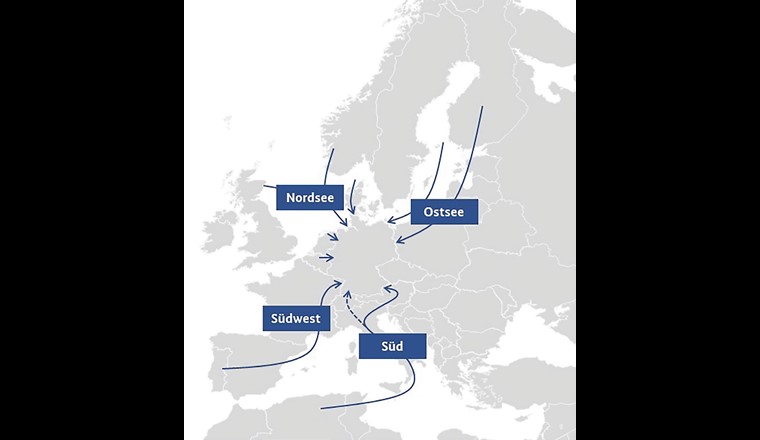 Représentation schématique des corridors d'importation européens (état actuel envisagé ; la ligne en pointillés symbolise l'étape d'extension en perspective) (Image : BMWK)