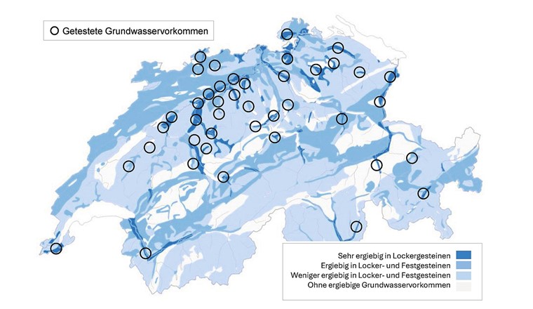 Fig. 3 Lage der 42 getesteten Vorkommen in unterschiedlich ergiebigen Lockergesteins-Grundwasserleitern der Schweiz. Ergiebigkeitsklassen abgeleitet aus [15] im Übersichtsmassstab gemäss [3].