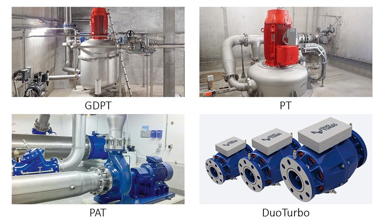 Fig. 1 Turbinenbauformen. (Bild: GDPT, PT, PAT: Häny AG, www.haeny.com; DuoTurbo: Altis Groupe SA, www.altis.swiss)