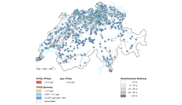 PFAS nelle acque sotterranee. Dati: NAQUA, 2021 (Immagine: UFAM)