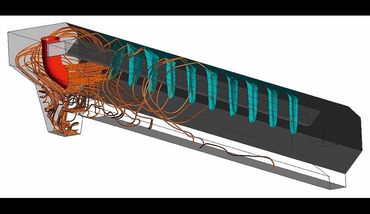 Fig. 2 Symbolbild CFD-Simulation – strömungsoptimierter Zulauf (rot), Einblasen von Luft (blau), Partikelbahnen von Sandkörnern (braun).