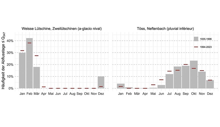 Fig. 2 Monatliche Häufigkeit der Tage mit einer Abflussmenge ≤ Q347 an den beiden Fliessgewässern Weisse Lütschine und Töss für 1935–1996 (übernommene Abbildung aus BUWAL [19]) und der klimatologischen Periode 1994–2023 (mit gleichbleibendem Q347). Beispiel für die Weisse Lütschine: 30% aller Tage mit einer Abflussmenge ≤ Q347 traten in der Periode 1935–1996 im Januar auf.