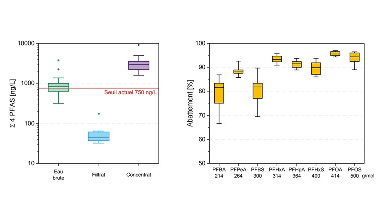 Fig. 3 Gauche: Concentrations de la somme des 4 PFAS (PFHxS, PFOA, POS et PFNA) dans l’eau alimentant la NF (n = 16), le filtrat (n = 10) et le concentrat de nanofiltration. Droite: Abattement des PFAS individuels. Les boîtes indiquent les 25e, 50e et 75e percentiles, les moustaches les 5e et 95e percentiles. La masse molaire est indiquée pour chaque composé.