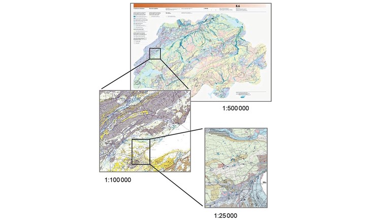 Fig. 1 Drei hydrogeologische Kartenwerke unterschiedlichen Massstabs und mit entsprechend angepasstem Objektinhalt [3, 7, 8]. Jede Karte hat einen eigenen Gültigkeitsbereich und richtet sich an spezifische Nutzer.