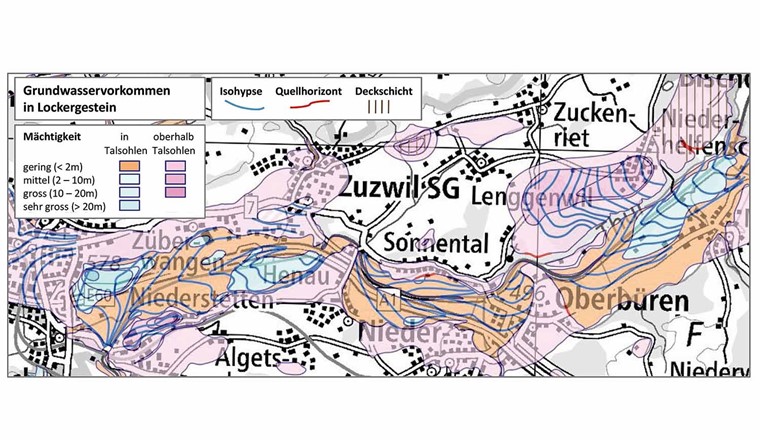 Fig. 6 Visualisierung des MGDM 139.1 für den Kanton SG im verbindlichen Darstellungsmodell des Bundes (Quelle: ). Abgebildet sind Grundwasservorkommen in Lockergestein in und oberhalb Talsohlen entlang eines Teilabschnitts der Thur. Im Darstellungsmodell des kantonalen Geoportals wird zudem eine Einteilung in unterschiedlich tiefe Vorkommen vorgenommen.