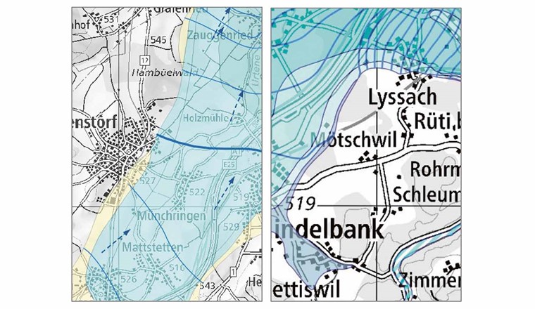 Fig. 7 Vergleichender Ausschnitt von kantonalem Darstellungsmodell (links; Quelle: www.agi.dij.be.ch > Geoportal > Grundwasservorkommen ) und Bundesdarstellung gemäss MGDM 139.1 (rechts; Quelle: ) im Kanton BE. Bei unterschiedlicher Klassierung ergibt sich dennoch ein kohärentes Bild. Das Kantonsmodell ist um das zusätzliche Element der Grundwasserfliessrichtung erweitert.