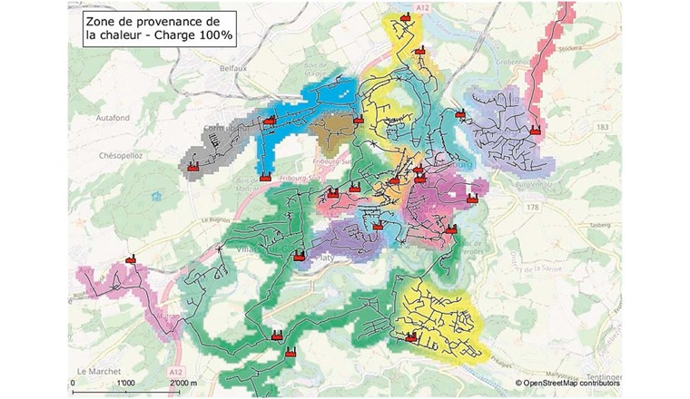 Fig. 6 Zone de provenance de la chaleur en fonction de la charge du réseau.