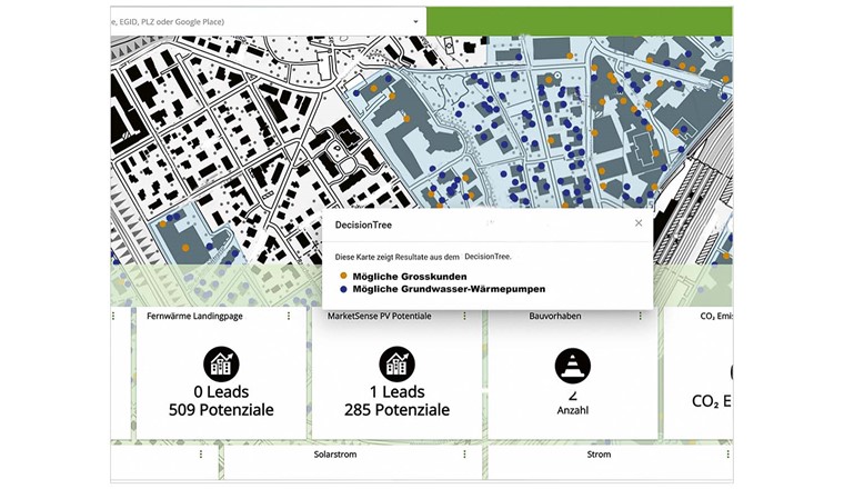 Fig. 1 Die digitale Anzeige von möglichen Fernwärme-Grosskunden für ein künftiges Fernwärmenetz [4]