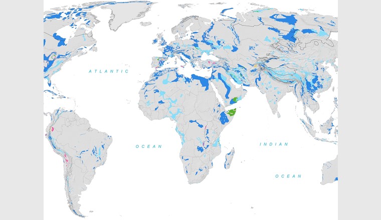 Ausschnitt der «World Karst Aquifer Map» im Massstab 1:40 000 000. Das Wissen über das Vorkommen der Karstaquifere war bisher nur regional und in unterschiedlich beschaffenen Datensätzen verfügbar. 