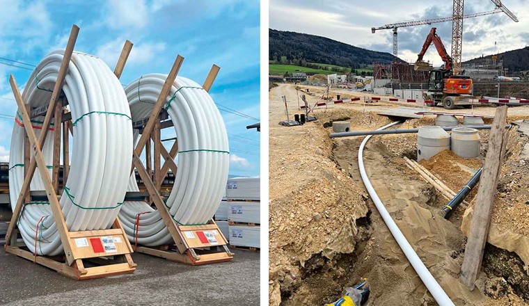 Fig. 5 Die beiden Trommeln à 400 m Leitung warten darauf, dass die Arbeit fortgesetzt wird.
Fig. 6 Strecken und Bögen – beides kann einfach mit der PE-Rohrleitung realisiert werden.