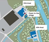 Fig. 1 Die PtG-Anlage in Dietikon bezieht Klärgas (Rohbiogas) aus der benachbarten ARA und Strom aus der KVA nebenan.(Bild: Limeco) Fig. 1 Die PtG-Anlage in Dietikon bezieht Klärgas (Rohbiogas) aus der benachbarten ARA und Strom aus der KVA nebenan.(Bild: Limeco)