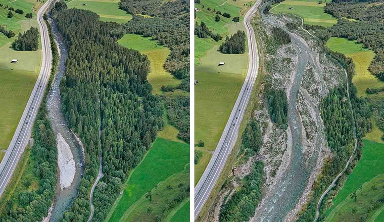 Der Kanton Graubünden plant, den Hochwasserschutz entlang des Hinterrheins bei Nufenen zu verbessern und gleichzeitig die ehemalige Auenzu revitalisieren. Links: Ist-Zustand; rechts: Visualisierung.(Bild: P. Rey/Hydra)