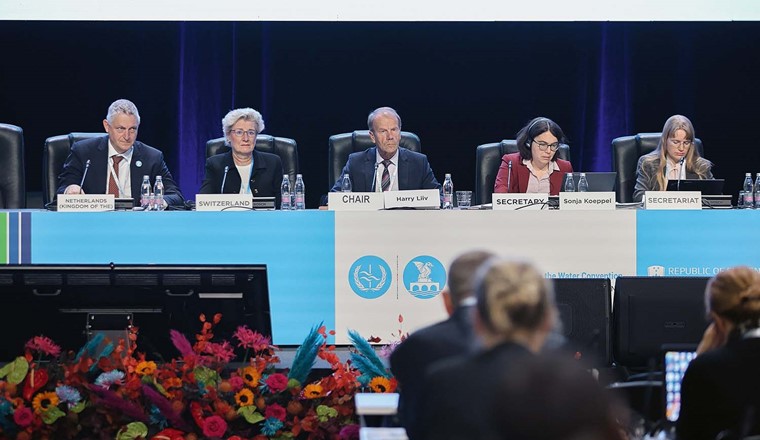 Tagung der Wasserkonvention in Ljubljana (Slowenien) mit der Vertreterin der Schweiz (2. v. l.): Sibylle Vermont.(Bild: A. Rodopoulou/ENB/IISD)