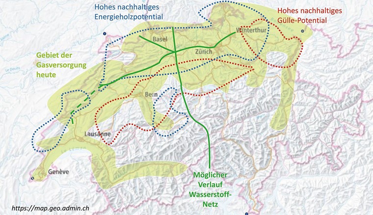 Fig. 1 Gasinfrastrukturen sowie räumliche Verteilung der Biomassepotenziale.
