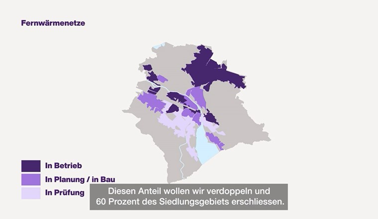 Das Fernwärmenetz soll bis 2040 verdoppelt werden und 60 % des Siedlungsgebietes abdecken. (Screenshot aus Videostatement der Stadt Zürich: Stadt Zürich)