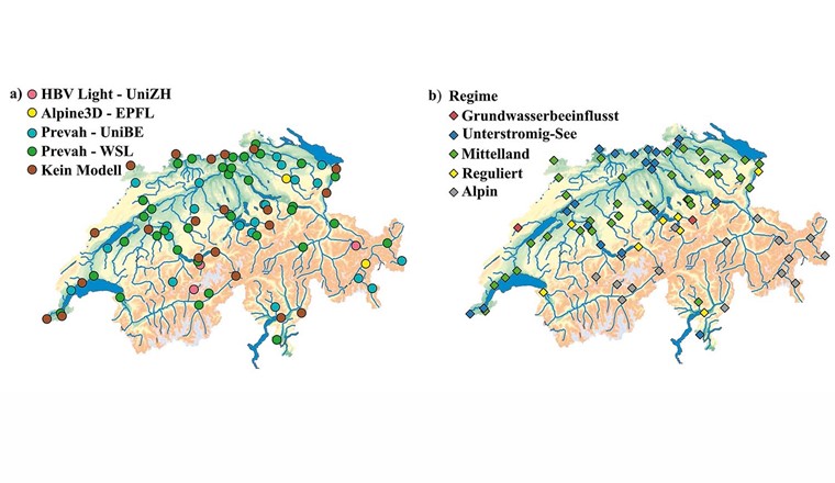 Fig. 1 a) Untersuchte BAFU-Abflussmessstationen und hydrologische Modelle mit verfügbaren zukünftigen Abflussprojektionen. b) Klassifizierung der Stationen in thermische Regime. Rote Pfeile zeigen die Fliessrichtung der Fliessgewässer an. (Hintergrundkarten: a–b) DHM25, c–d) DHM25 Reliefschattierung; URL: https://www.swisstopo.admin.ch/de/hoehenmodell-dhm25)