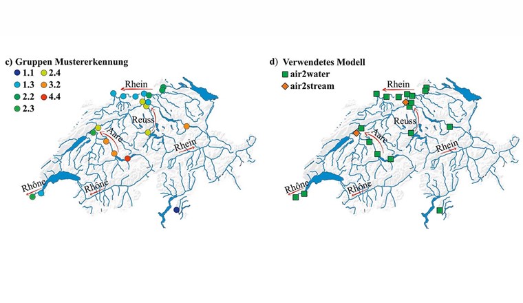 Fig. 1 c) Darstellung der Abflussmessstationen, die sich unterhalb von Seen befinden, und d) der optimalen Modelle für die entsprechenden Stationen. Rote Pfeile zeigen die Fliessrichtung der Fliessgewässer an. (Hintergrundkarten: a–b) DHM25, c–d) DHM25 Reliefschattierung; URL: https://www.swisstopo.admin.ch/de/hoehenmodell-dhm25)