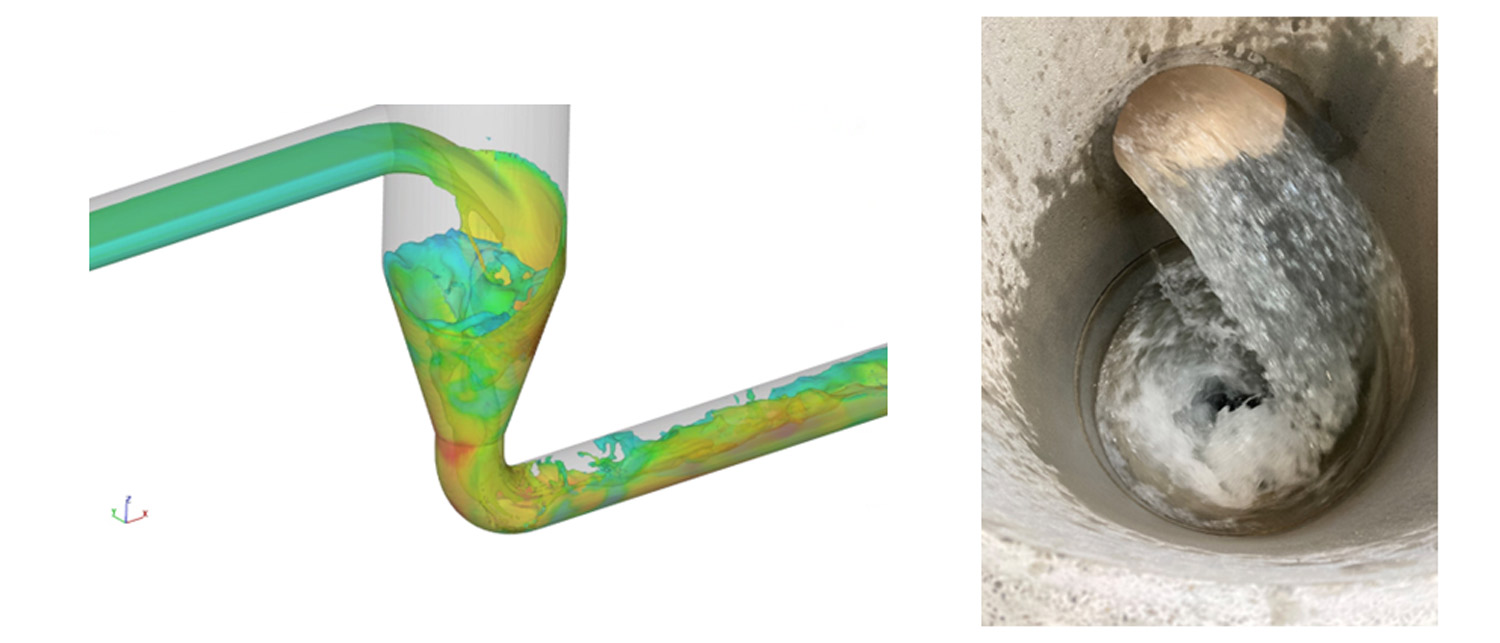 Plot aus einer numerischen Simulation (Sébastien Gilliand, HEIA-FR) und Rotationsströmung beim Schachtkopf im Prototyp (EPFL)