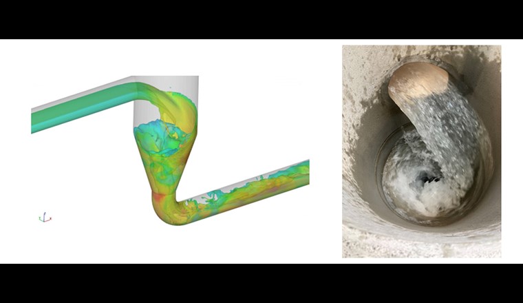 Plot aus einer numerischen Simulation (Sébastien Gilliand, HEIA-FR) und Rotationsströmung beim Schachtkopf im Prototyp (EPFL)