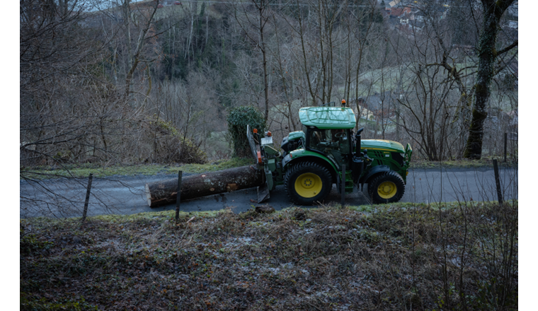 Die 4 Meter langen Weisstannenrugel für die Brunnentröge werden abgeschleppt und in die Sägerei zur Trocknung gebracht. (© ESAF 2025 Glarnerland+/Nicole Stucki)