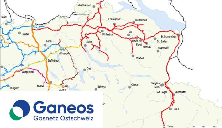 Das Gasnetz der Ganeos AG und das neue Firmenlogo. (Bilder: Ganeos AG)