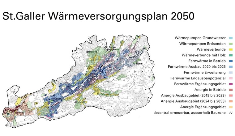Der St. Galler Wärmeversorgungsplan mit der Fernwärmezone (blau) in der Talsohle und dem Anergienetz (rot) im Westen der Stadt. (Bild: sgsw)