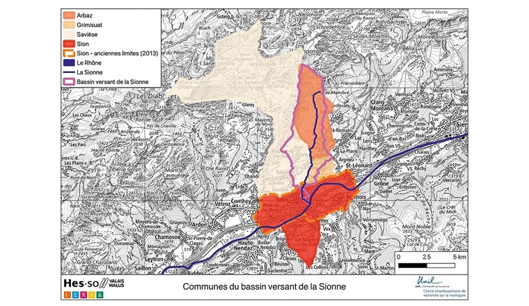 Fig. 2 Le bassin versant de la Sionne et les communes concernées [12].