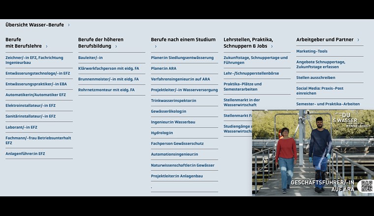 Abb. 1: Übersicht über die auf der Website Wasser-Berufe.ch porträtierten Berufsbilder. Diese werden in kurzweiligen und attraktiven Video-Testimonials vorgestellt (Standbild unten rechts).