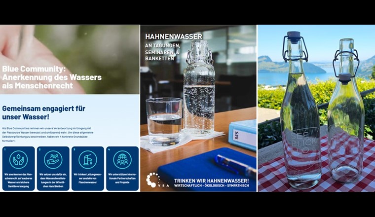 Abb. 3: Schauen Sie vorbei und entdecken Sie den neuen Auftritt unter www.bluecommunity.ch! (links). Informa-tionsflyer für Seminarhotels (Mitte). VSA-Veranstaltungen werden zukünftig bevorzugt in Seminarhotels durchge-führt, die Hahnenwasser anbieten (rechts).
