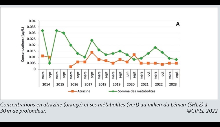 Concentrations en atrazine (orange) et ses métabolites (vert) au milieu du Léman (SHL2) à  30 m de profondeur. ©CIPEL 2022