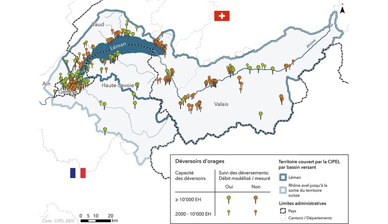 Fig. 2 Distribution des DO d’une capacité de plus de 2000 EH sur le territoire de la CIPEL (n = 350). Les DO modélisés ou équipés d’un débitmètre sont représentés en vert et ceux qui ne le sont pas en orange. Les DO d’une capacité supérieure à 10 000 EH sont représentés par un symbole de taille supérieure à celui utilisé pour les DO dont la capacité est comprise entre 2000 et 10 000 EH.