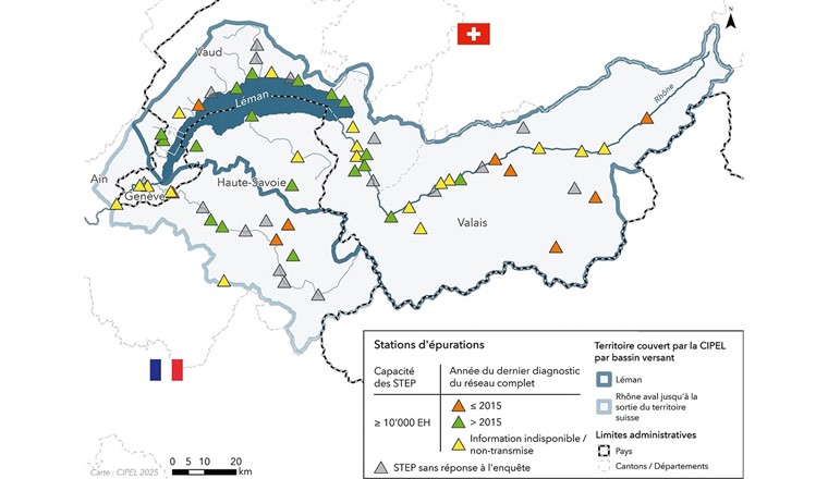 Fig. 1 Distribution des STEP d’une capacité de plus de 10 000 EH sur le territoire de la CIPEL (n = 62). Les STEP n’ayant pas pris part à l’enquête apparaissent en gris. Celles ayant réalisé un diagnostic complet de leur réseau au cours des dix dernières années sont représentées en vert, celles dont le dernier diagnostic a été réalisé il y a plus de dix ans en orange et celles qui ont répondu au questionnaire mais qui ne disposaient pas des données en jaune.