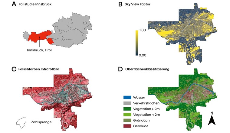 Fig. 1 Geographische Daten für die Fallstudie Innsbruck: A geographische Lage der Fallstudie Innsbruck, B Sky View Factor, C Falschfarben Infrarotbild,D Oberflächenklassifizierung.