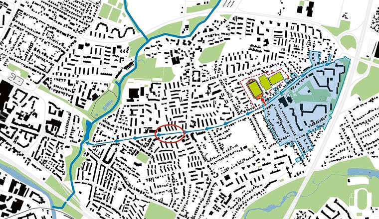 Fig. 1 Einzugsgebiet des überflutungsgefährdeten Bereichs. Blau umrandet das Einzugsgebiet der Notabflussleitung zur Sportanlage, rot umrandet der überflutungsgefährdete Strassenabschnitt. (Quelle: Naumann Landschaftsarchitektur)