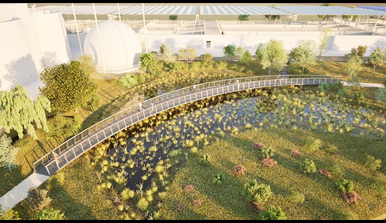 Regionale Kläranlage APEC in Gland, Waadt. Ab 2028 wird das Abwasser von 21 Gemeinden auf dieser komplett neuen Kläranlage mit erhöhter Stickstoffelimination dank der A/I-Technologie und einer Eliminationsstufe für Mikroverunreinigungen gereinigt, bevor es in den Genfersee turbiniert wird. Nachhaltige Energieproduktion (BHKW, Wärmerückgewinnung aus Abwasser, Einspeisung ins Fernwärmenetzwerk und Photovoltaikanlage) wie auch eine optimale Integration der Anlage in die Umgebung werden als zentrale Aspekte behandelt (Projektvisualisierung durch ©Ingphi, Bauingenieur).