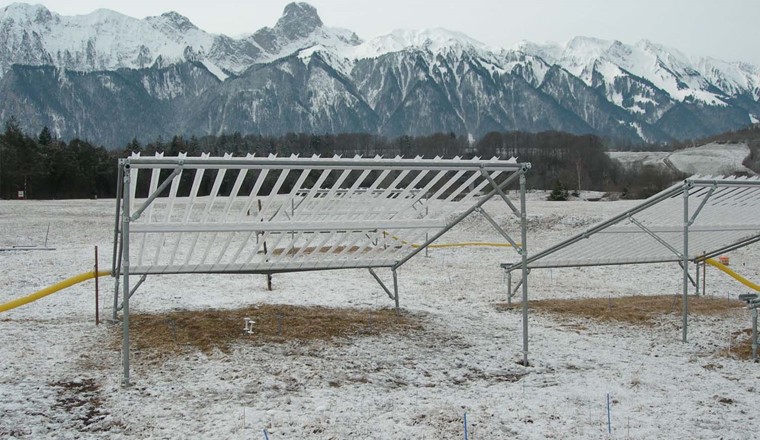 Regenschutz-Konstruktion, die von 2016-2019 im Trockenrasen von nationaler Bedeutung auf der Thuner Allmend zum Einsatz kam, nach leichtem Schneefall Anfang März. (© Andreas Stampfli, Berner Fachhochschule)