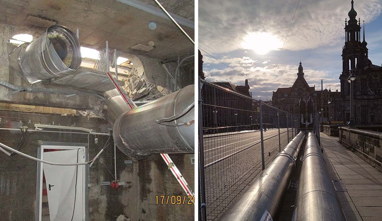 Zerstörte Fernwärmeleitung in der eingestürzten Carolabrücke (links) und provisorische Fernwärmeleitung auf der Augustusbrücke.