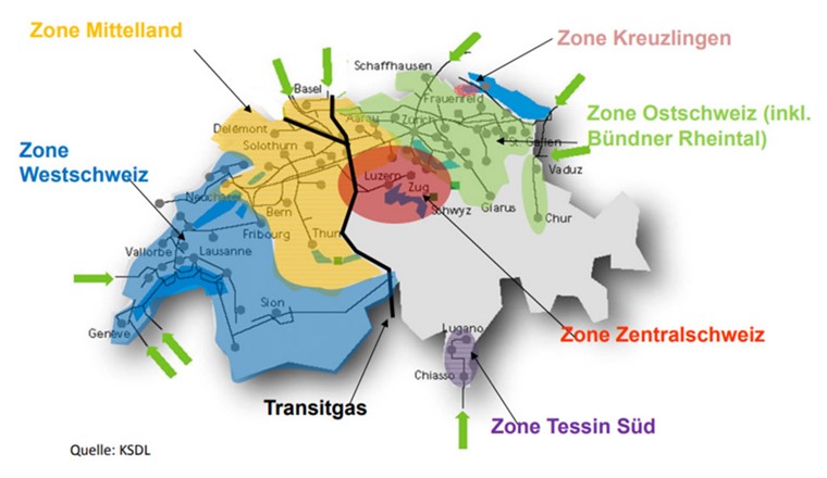 Die Bilanzzonen in der Schweiz. Abbildung aus dem «Präventions- und Notfallplan der Schweiz für die Gasversorgung».