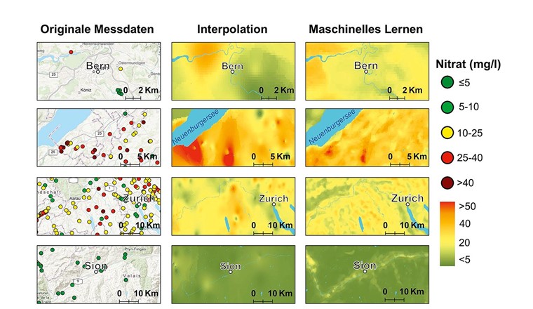 Fig. 4 Vergleich der Vorhersagen der Nitratkonzentrationen im Grundwasser mittels Random-Forest-Modellierung und IDW-Interpolation. Maschinelles Lernen bildet die lokalen Gegebenheiten besser ab als Interpolation. Dies ist beispielsweise im Rhônetal und in der Region Neuenburgersee gut erkennbar. 1) Region Bern, 2) südöstlich des Neuenburgersees, 3) Region Zürich und westlich von Zürich, 4) Rhônetal im Wallis.
