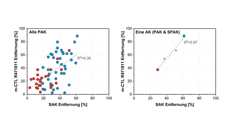Fig. 2 Korrelation zwischen der Abnahme des SAK bei 254 nm und der Abnahme der R471811-Konzentration für alle PAK (links) und eine bestimmte PAK (rechts). Die roten Punkte kennzeichnen Versuche mit einer Kontaktzeit von ≤ 30 Minuten, die blauen Punkte eine Kontaktzeit von 24 Stunden mit PAK (grosse Symbole) und SPAK (kleine Symbole).