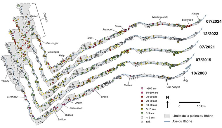 Fig. 8 Estimation des périodes de retour des niveaux de la nappe pour 5 situations particulières.