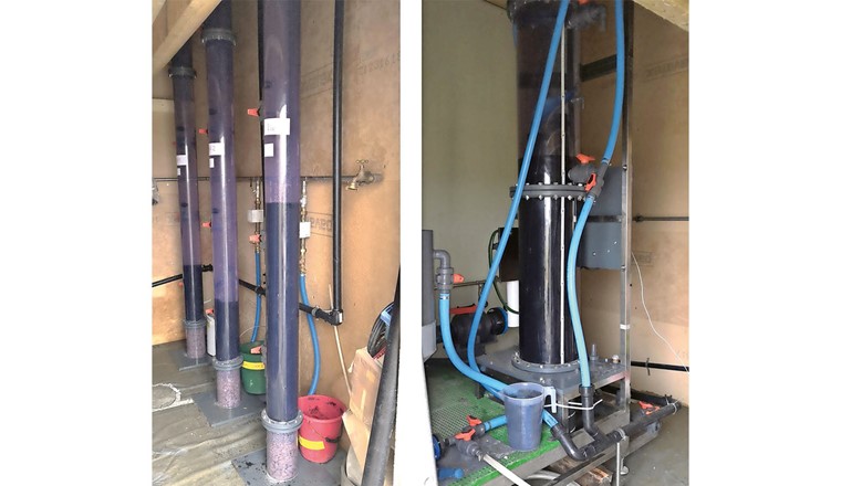 Fig. 1 Aktivkohlefilter mit Granulat (l.) und Mikrogranulat (r.). Über 18 Monate wurden im Grundwasserpumpwerk La Vernaz (VD) Versuche durchgeführt, um das Verfahren zu optimieren.