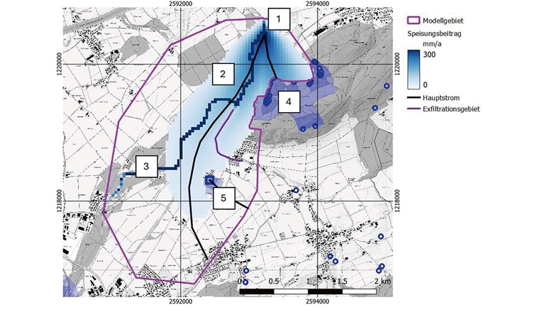Fig. 3  Speisungsbeitragskarte mit berechnetem Zuströmbereich. Sie zeigt Gebiete mit hoher Speisung und genereller Speisung entlang der Hauptstromrichtungen des Grundwassers.