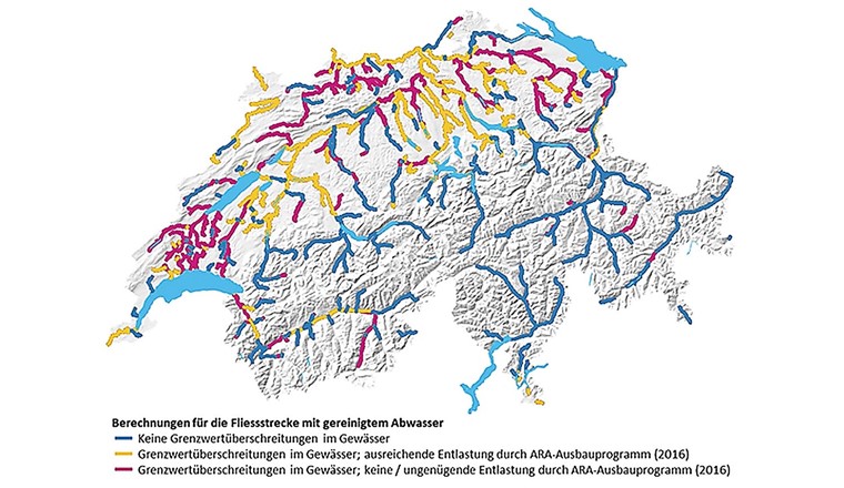 Fig. 2 Fliessstrecken mit gereinigtem Abwasser sowie die erwartete Einhaltung der Grenzwerte für Arzneimittel im Gewässer aufgrund des Verdünnungsverhältnisses (Abwasseranteil) bei Q₃₄₇ [5].