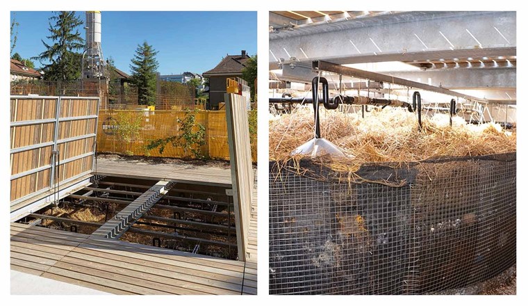 Fig. 1 À gauche: terrasse en bois qui couvre la fosse de traitement. À droite: lombrifiltre des eaux noires au moment de l’inauguration. (Photo de gauche par Annik Wetter, photo de droite par Equilibre)